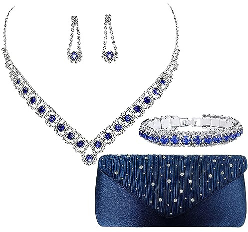 Jamron Damen Zirkon Strass 4 Stücke Schmuck und Clutch Set für Hochzeit Prom Abend Party