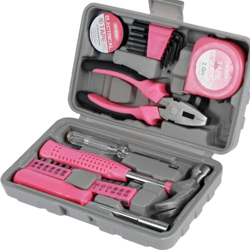 Household Repair Tool Kit Pink Tool Kit with Case Hammer and Allen Key Set with Electrical Tape Screwdriver Test Pen Plier Bits Ladies Tool Box for Home (24PCS)