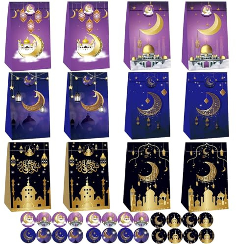 Ramadan Tüten zum Befüllen, 12 Stück Eid Mubarak Tüten, Ramadan Geschenktüten, Ramadan Mubarak Geschenkbox mit 24 Ramadan Sticker, Ramadan-Dekorationsset, Goody-Bag-Zubehör für Muslimische Feiern