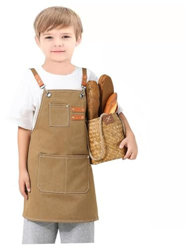 USCHAILIQIANG Grembiule regolabile per bambini, impermeabile, per cucinare, dipingere, giardiniere, grembiule in tela per 6-12 ragazze e ragazzi, Marrone, Large