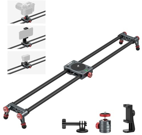NEEWER 24in/60cm Carbon Fiber Camera Slider with 360° Ball Head/Phone Clamp/Action Camera Mount, Dolly Rail Track with 4 Bearings & Adjustable Legs, Compatible with GoPro Insta360 iPhone Android, CS2M