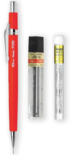 Pentel P205-97C Druckbleistift, fluoreszierend, einzeln + 12 Hi-Polymer HB 0,5 mm Nachfüllminen + Z2-1N Radiergummi-Nachfüllminen, 4 Stück (fluoreszierendes Rot)