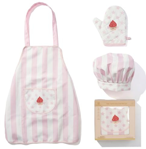 WOODENFUN Kinder Schürze Kochmütze Set Chef-Set Chef-Set für Kinder Kinderschürze Kochschürze mit Taschen, Backkochhut Gummiband, Sternenmuster Kochhandschuhe, Kinderrollenspiel