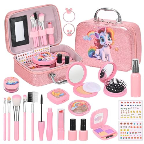 Kldgris Kinderschminke Set Mädchen, Waschbares Kosmetikset mit Schminkkoffer für Kinder, Kinder Make Up Set Geburtstage Weihnachten Geschenke Rollenspiel für Mädchen 4 5 6 7 8 9 10 Jahre (Rosa)