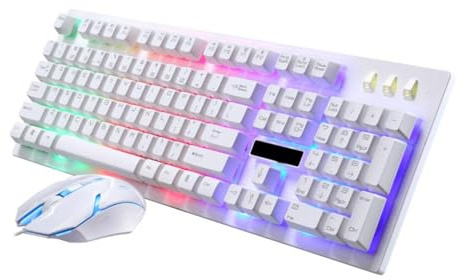 Clavier Souris Filaires USB de Jeu, 104 Touches et 4 Boutons, Blanc | 1 Set, Plastique Résistant, Éclairage Lumineux, Design sans Conflit, pour Gamer Maison et Café