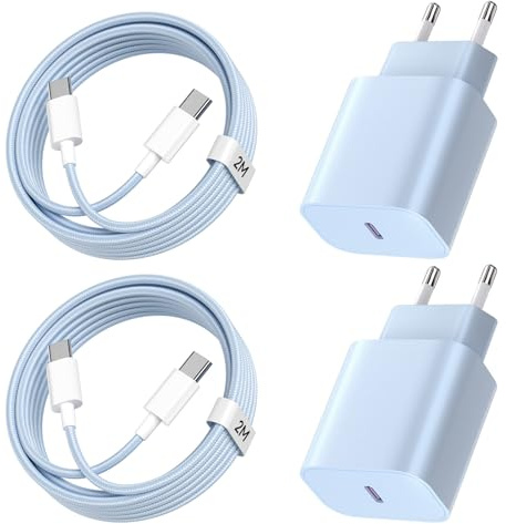 20W Chargeur pour iPhone 17/16, PD3.0 Chargeur USB C Charge Rapide 2Pack | 20W Prise USB C avec 2M Câble USB C pour iPhone 17/16 Pro/16 Pro Max/16 Plus/15 Pro/15 Pro Max/15 Plus - Bleu+Bleu