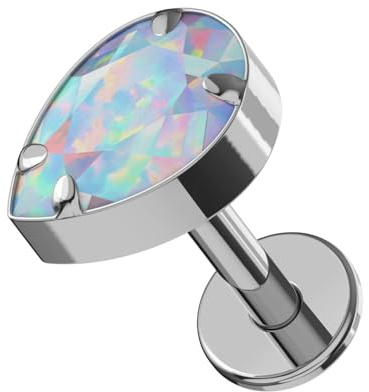 AZARIO LONDON Teardrop Opal Stein Innengewinde Top 16 Gauge G23 Grade Titan Madonna Labret Tragus Bar Piercing Labret Stud Helix Lippenpiercing Ring, 16 Gauge - 6mm Length, Opalstein G23-Titan, Opal