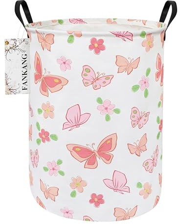 FANKANG Wäschekorb, Aufbewahrungskörbe für Kinderspielzeug, Kinderzimmer, Büro, Schlafzimmer, Geschenkkorb (runder rosa Schmetterling)
