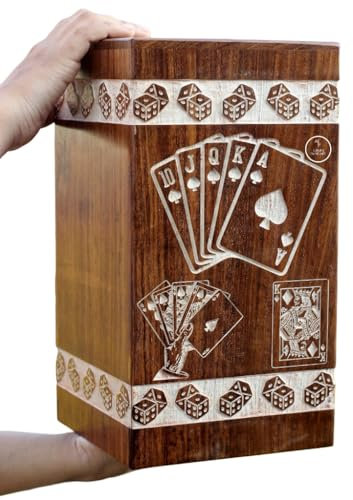 Juego de cartas de póquer con corona de rey y reina, caja de madera vintage para cenizas humanas, machos, mujeres, adultos, urna funeraria [caja de urna disponible en 5 tamaños diferentes] (tamaño