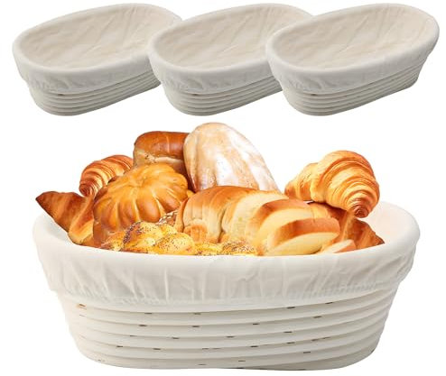 NCONCO Banneton - Cesta de prueba de pan, juego de 3 cuencos para levantar pan con forro de tela de lino, suministros para hornear pan de masa madre