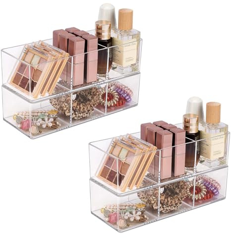 JessLab Acryl Organizer, 4er-Set Transparente Makeup Aufbewahrung für Schminktisch, Arbeitsplatte, Badezimmer, Stapelbares Design für Kosmetik, Schmuck und Bürobedarf, 3 Fach