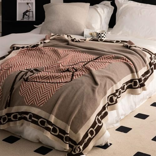 LDZDGD Equestrian Knit Blanket - Wool Blend Throw with Horse Pattern, Decorative Western Style Blanket for Bed, Sofa, Couch, All Season Use(Brown)