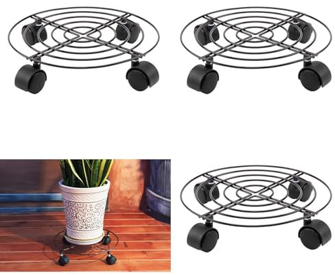 M.J COMFY-LIFE 3PCS Potted Plant Stand 11 Round Plant Caddy Planter Pots with Wheels Metal Flower Stand Movers for Outdoor and Indoor