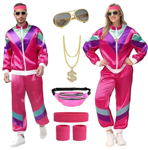 yecwkaz 80er 90er Jahre Outfit Herren 80er Jahre Trainingsanzug Vintage Men's Kostüm mit Accessory 90er Jahre Outfit für Carnival Mottoparty Sports Rosa-M