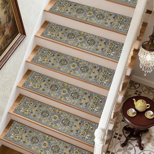 COSY HOMEER Vintage Classical Style Carpet Stair Treads, Nonslip Carpet Stair Pads for Indoor, Washable Reusable Stair Carpet Runners, 76 x 20 cm, 15 pcs