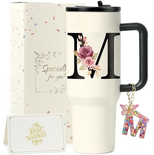 ZIOSINM Personalisierte Geschenke für Frauen, Thermobecher mit Strohhalm | A-Z Doppelwandiger Edelstahl Trinkbecher mit Deckel und Strohhalm, Geschenke für Frauen zu Geburtstag Weihnachten Valentinsta