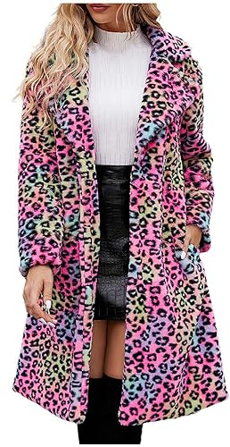 Generisch Damen Lang Mantel Kunstpelz Oversized Pelzmantel Leopard Druck Kunstfelljacke Langarm Winter Felljacke Verdickender Pelzjacke Elegant Thermo Freizeitjacke Fellimitat Vintage Winterparka