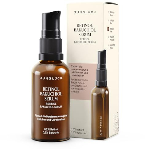 JUNGLÜCK Retinol Bakuchiol Serum – Gesichtsserum mildert Linien & Fältchen | Unterstützt die Zellerneuerung & sorgt für ein ebenmäßigeres Hautbild, mindert Unreinheiten und Pigmentflecken – Vegan