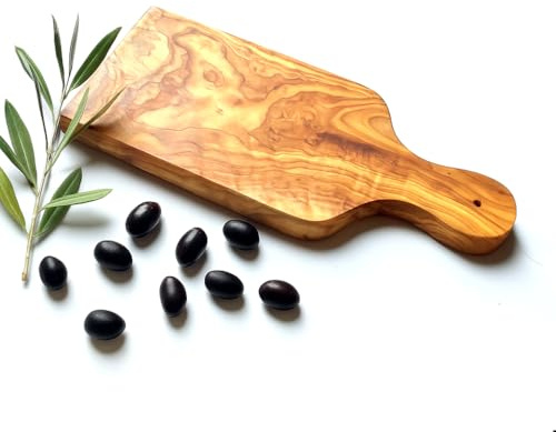 Planche à Découper en Bois d'Olivier Naturel avec Poignée - Planche Artisanale Servir et Couper Légumes Viande Fromage Pain - Service Cuisine et Table - 30 cm