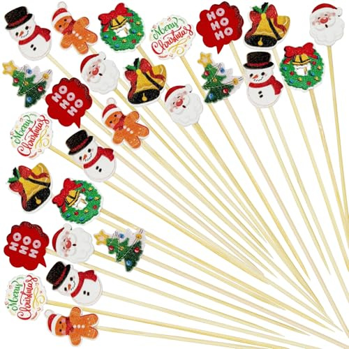 200PCS Christmas Wooden Cocktail Toothpicks Picks – Xmas Holiday Cupcake Toppers Appetizer Cake Party Supplies Decorations