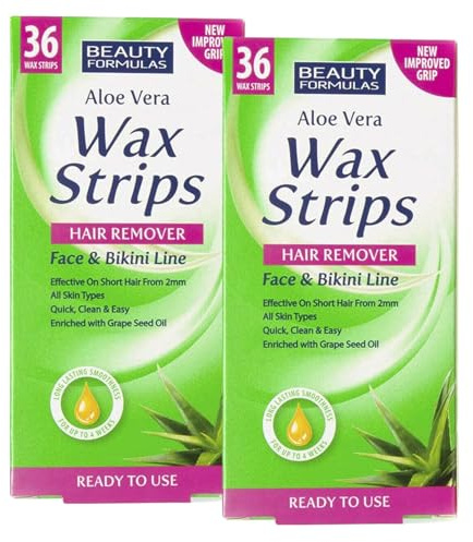 Beauty Formulas Face Wax Strips (2-Pack) – Facial Hair Removal & Bikini Wax | Ready-to-Use Face & Bikini Hair Removal | Cold Wax with Aloe Vera & Grape Seed Oil | 72 Strips for Smooth Skin