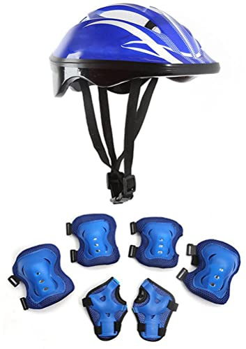 RASTKY Children's Cycling Protective Gear Set Kids Bike Helmet Elbow Pads Knee Pads Wrist Guards for Outdoor Skating, Durable ABS+EPS Material, 7-piece Pack (Deep blue (cartoon model)
