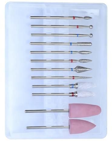 KAHZOR Brocas para Uñas Profesionales 12 Uds., Diamante y Cerámica Larga Duración para Gel y Acrílico, Manicura, Pedicura con Estuche