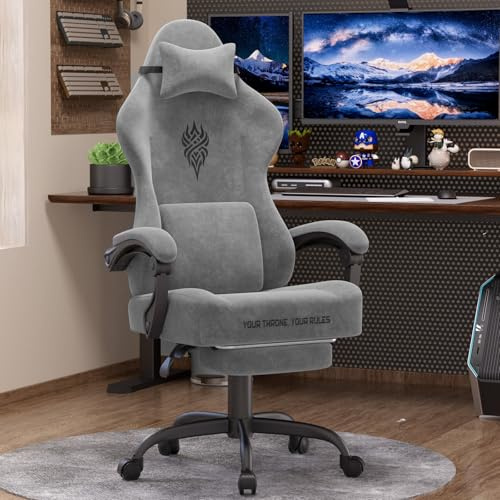 Verdego Gaming Stuhl Ergonomisch, Gaming Chair mit Massagefunktion, Fußstütze, Kopfstütze, Gamingstuhl Samt, Höhenverstellbar 10cm, Gamer Stuhl Verstellbare Rückenlehne 90-125° (Hellgrau)