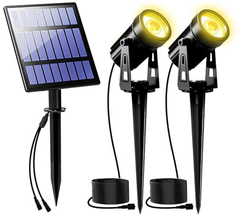 T-SUNUS Christmas Solar Landscape Spotlights Warm White, 2W Garden Spot Lights Outdoor 9.8ft Cable IP65 Waterproof Security Downlight 2-IN-1 for Flag Tree Pond Garage Deck Yard Wall Backyard Halloween