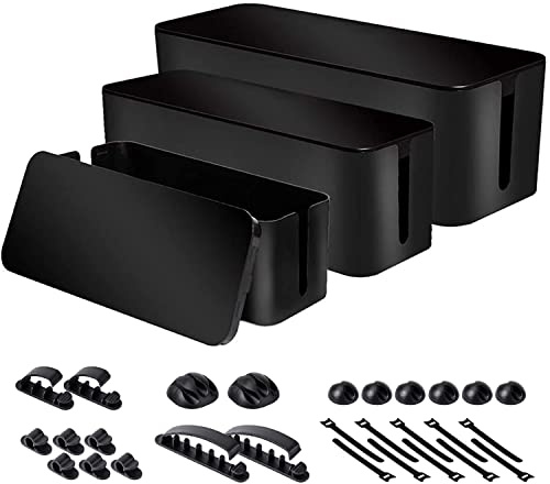 Cable Organizer Box Set of Three, Power Cover Cord Holder Surge Protector for Desk (Black)