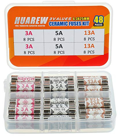 HUAREW 3 Values 48 Pcs 6.3x25 mm BS1362 3A 5A 13A 240 V 0.248x0.984 Inch Ceramic Tube Fuses Assortment Kit