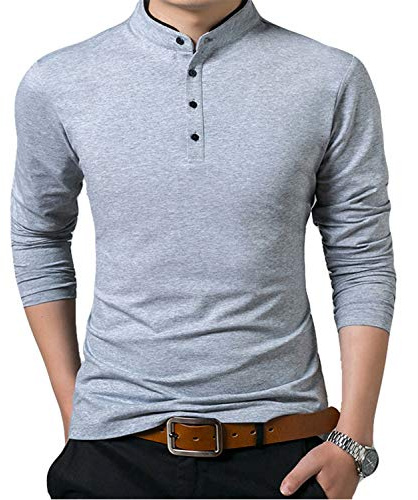 VANVENE Mens Polo Shirt Long Sleeve Henley Shirts Cotton Casual Tops Classic Vintage T Shirt Grey L