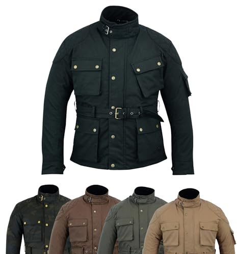 warrior gears Men's Waxed Cotton Motorcycle Jackets, Motorbike Top Gear, Waterproof Nylon Lined Jacket, Armoured Biker Textile Winter Outdoor Coat for Men, Running, Riding, Black - 4XL