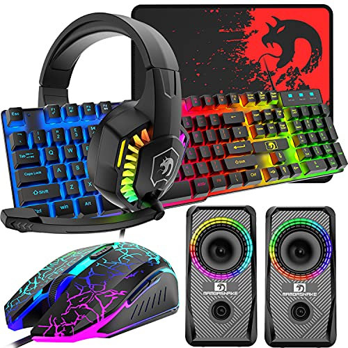 Regno Unito Layout Wired 104 Tasti da gioco Keyboard Tastiera per il mouse Altoparlante per cuffie 5 in 1 Combo con retroilluminazione multi RGB 2400DPI MICE Large Mousepad per PC Mac PS4 Xbox