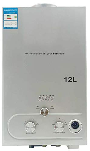 ECUTEE 12L 24KW Flüssiggas Durchlauferhitzer LPG Warmwasserbereiter, Tankless Instant Heißwasserbereiter mit Galvanisierter Duschkopf und Duschschlauch, für Outdoor-Camping-Baden und RV-Dusche, Silber