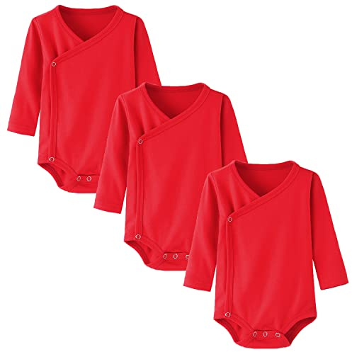 BINIDUCKLING 3er Pack Baby Jungen Mädchen Langarm Wickelbodys - 100% Baumwoll Baby Body mit Seitlichen Druckknöpfen für Neugeborene-12 Monate