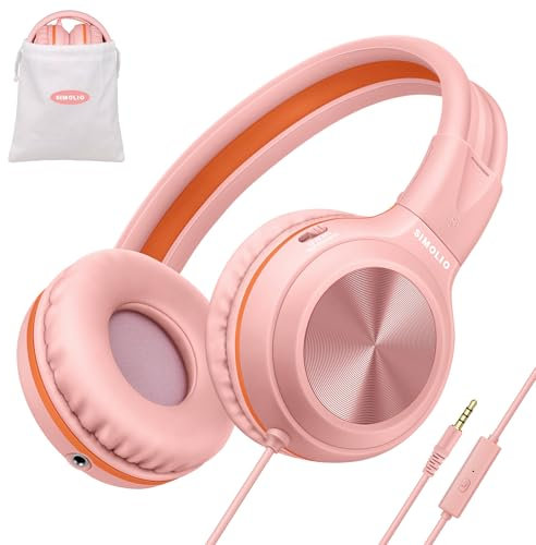 SIMOLIO Casque Filaire pour Filles avec Microphone, 85dB 94dB 104dB Volume Limité Casque Léger Pliable avec Prise de Partage et Sac pour Enfants, étudiant, Smartphone, Ordinateur
