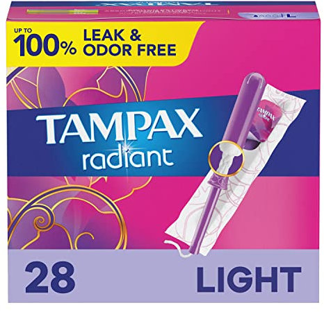 Tampax Radiant Tampons Light Absorbency with BPA-Free Plastic Applicator and LeakGuard Braid, Unscented, 28 Count