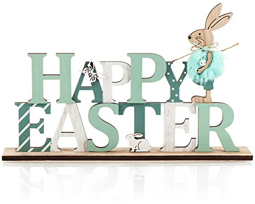 com-four® Scritta Decorativa per Pasqua - Scritte con Simpatici Coniglietti pasquali - Decorazione Pasquale da appoggiare in Legno (1 Pezzo - Coniglio e Farfalla)