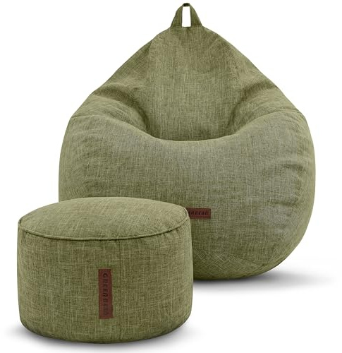 Green Bean Indoor Sitzsack Home Linen + Hocker mit EPS-Perlen Füllung - Sitz-Pouf Bodenkissen Liegekissen Sitzkissen Lounge Chair Sitzhocker Relax-Sessel Bean Bag Grün