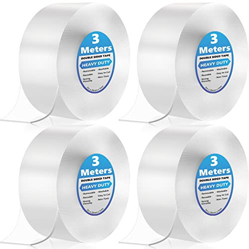 joyliveCY 12M Nastro Biadesivo Extra Forte Trasparente, Rimovibile Multifunzione Potent Tape, Nastro Adesivo di Montaggio per Tappeti, Poster Fotografici, Interni ed Esterni (4 Rotolos)