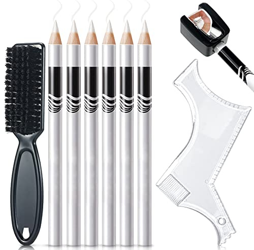 NewBang 8 Piece White Barber Pencil Set - Edge Hairline Razor Trace Pencils for Beard Guide and Shaping with Built-in Sharpener, Brush and Ruler