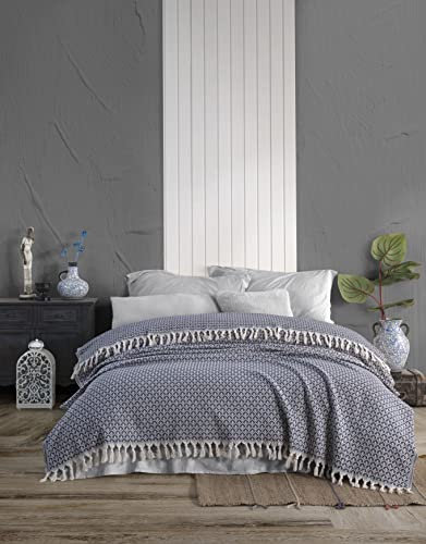 Traumfaenger Tagesdecke Bettüberwurf 200x230cm, Baumwolle (Oeko-TEX® Standard 100), ideal geeignet als Wohndecke, Wendedecke oder Überwurf für Bett, Couch, Sofa, schwere Ausführung (Blau)