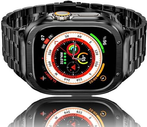 HASLFM Kompatibel mit Apple Watch 49mm(Ultra 3/2/1) Armband, Robustes Edelstahl Metall Ersatz Armband mit Gehäuse Cover für Apple Watch 49mm Ultra 3/2/1 für Männer, Schwarz