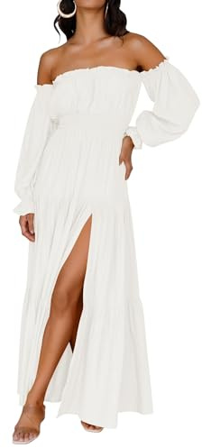 ZESICA Women's Boho Off Shoulder Spring Long Sleeve Dress 2026 High Waist Side Split Sexy Flowy A Line Long Maxi Dresses White Small