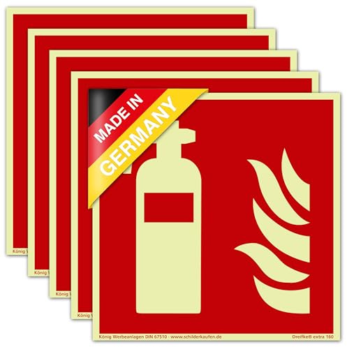 5 Schilder Feuerlöscher | extra langnachleuchtend | PVC selbstklebend 200x200mm | DIN EN ISO 7010 F001 | DIN 67510 (Brandschutzzeichen) Dreifke® extra 160