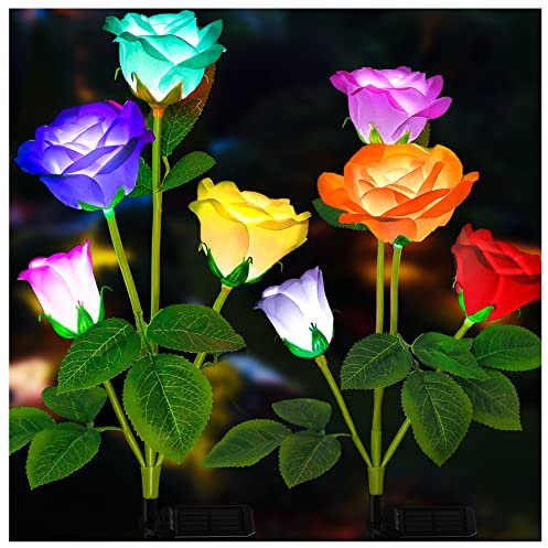 DooYard Solar Garden Lights - Upgraded Version Outdoor Light, 7-Color Changing Rose Lights for Yard,Garden Decoration, Enlarged Solar Panel, More Realistic Rose Flower (2 Pack)