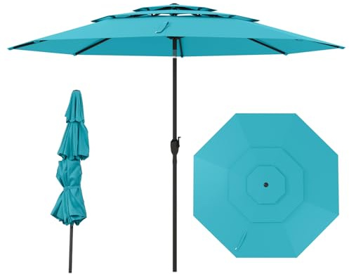 COSTWAY Ombrellone da Giardino 300 cm con Inclinazione Regolabile, 3 Livelli con Manovella 8 Stecche, per Giardino Piscina Cortile (Turchese)