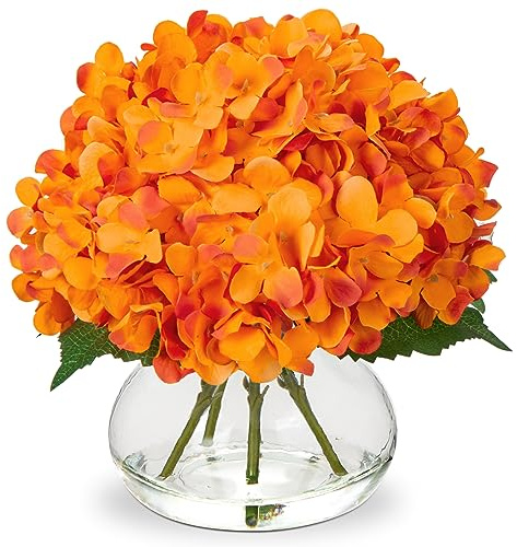 Oairse Fleurs d'hortensia artificielles avec vase - Fleurs artificielles en soie avec vase en verre avec eau factice orange Arrangement floral d'automne pour décoration de bureau, mariage, table