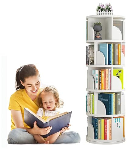 uyoyous 5-stufiges Drehbares Bücherregal Standregal Drehregal Weiß Drehbar Hohes Bücherregal Aufbewahrungs-Display Regal Boden Stehend Regale für Haus Wohnzimmer Studie Büro